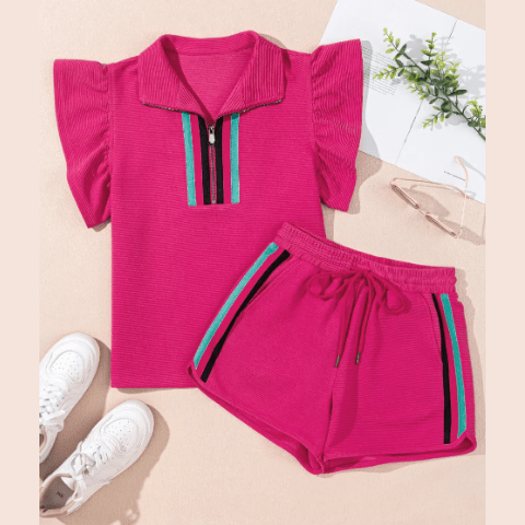 Amity Strawberry Pink Striped Detail Flutter Sleeve Zipped Collar Short Set