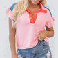 Lylah Gossamer Pink Color Block Half Buttoned Ruffled Short Sleeve T Shirt