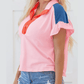 Lylah Gossamer Pink Color Block Half Buttoned Ruffled Short Sleeve T Shirt