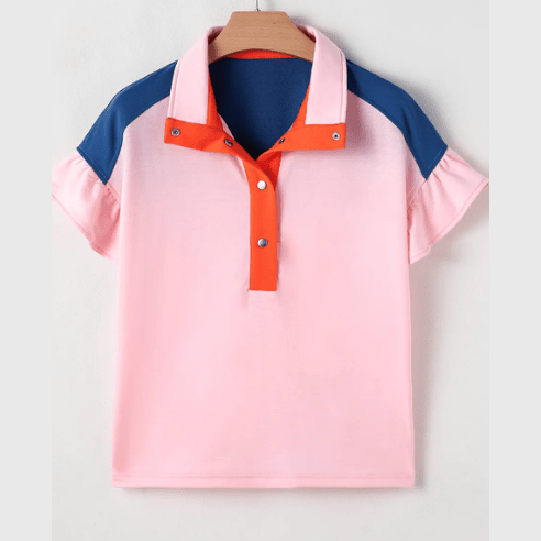 Lylah Gossamer Pink Color Block Half Buttoned Ruffled Short Sleeve T Shirt