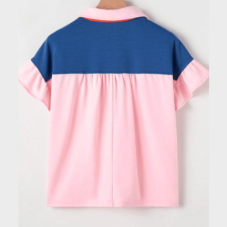Lylah Gossamer Pink Color Block Half Buttoned Ruffled Short Sleeve T Shirt