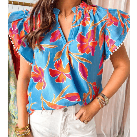 Tizzy Sky Blue Floral Print V Neck Pompom Trim Flutter Sleeve Blouse