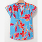 Tizzy Sky Blue Floral Print V Neck Pompom Trim Flutter Sleeve Blouse