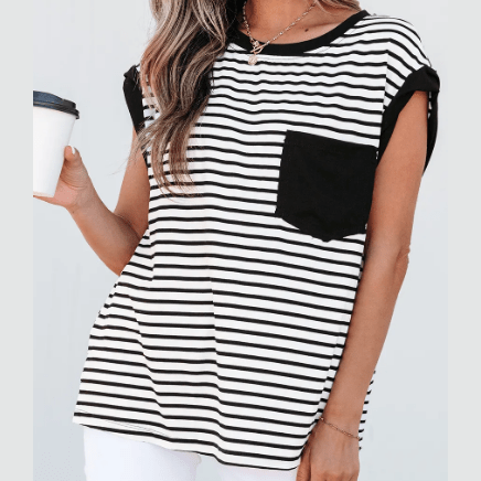 Stassie Black Stripe Chest Pocket Patch Round Neck Tank Top