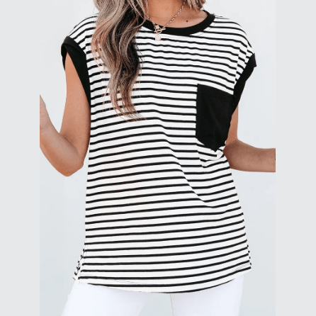 Stassie Black Stripe Chest Pocket Patch Round Neck Tank Top