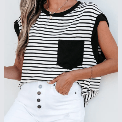 Stassie Black Stripe Chest Pocket Patch Round Neck Tank Top