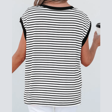 Stassie Black Stripe Chest Pocket Patch Round Neck Tank Top