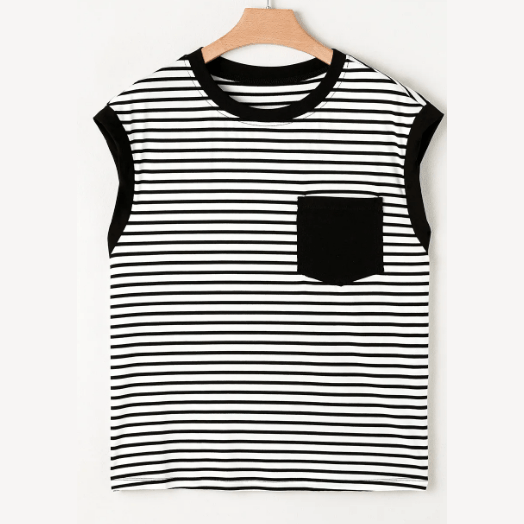 Stassie Black Stripe Chest Pocket Patch Round Neck Tank Top