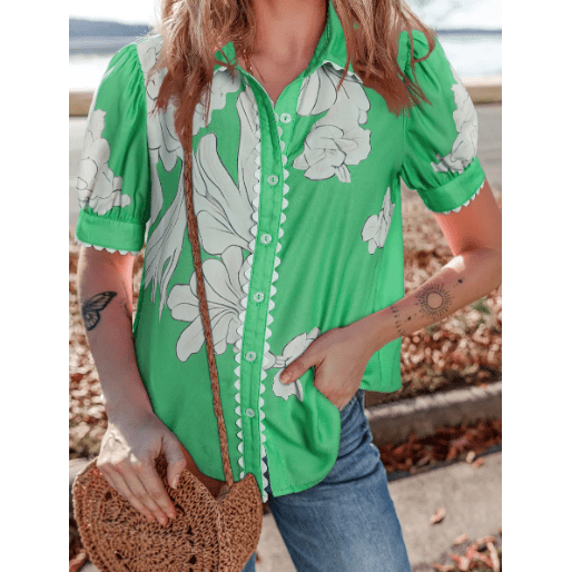 Porsha Dark Green Floral Ric Rac Edge Puff Sleeve Button Up Summer Shirt