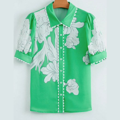 Porsha Dark Green Floral Ric Rac Edge Puff Sleeve Button Up Summer Shirt
