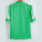 Porsha Dark Green Floral Ric Rac Edge Puff Sleeve Button Up Summer Shirt