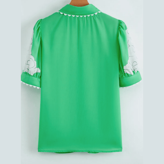 Porsha Dark Green Floral Ric Rac Edge Puff Sleeve Button Up Summer Shirt