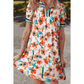SALE!!!  Lucilla Orange Contrast Trim Floral Split Neck Puff Short Sleeve Tiered Mini Dress