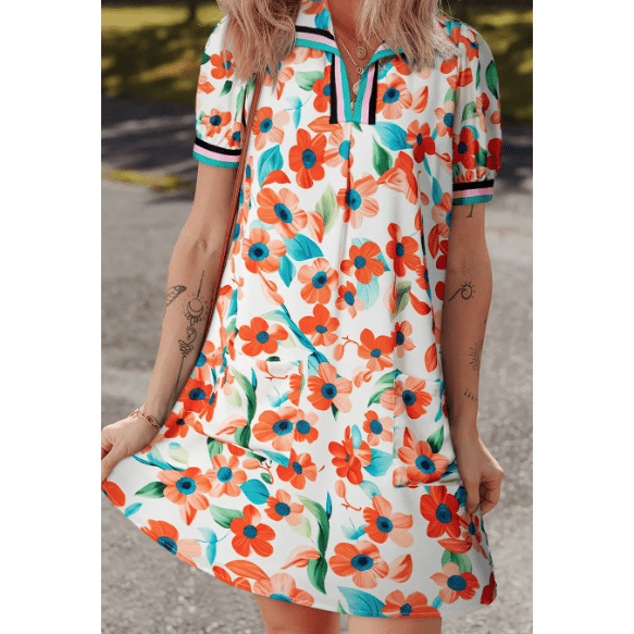 SALE!!!  Lucilla Orange Contrast Trim Floral Split Neck Puff Short Sleeve Tiered Mini Dress