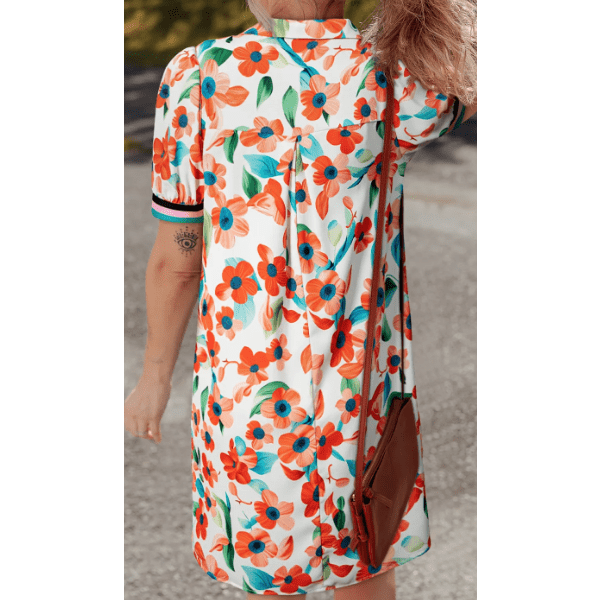 SALE!!!  Lucilla Orange Contrast Trim Floral Split Neck Puff Short Sleeve Tiered Mini Dress