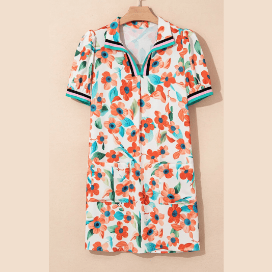 SALE!!!  Lucilla Orange Contrast Trim Floral Split Neck Puff Short Sleeve Tiered Mini Dress