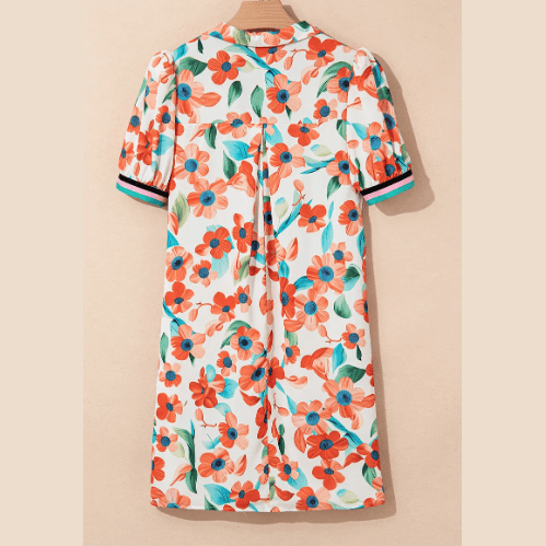SALE!!!  Lucilla Orange Contrast Trim Floral Split Neck Puff Short Sleeve Tiered Mini Dress