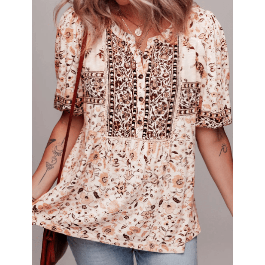Kyna Khaki Boho Floral Print Half Placket Short Sleeve Loose Blouse