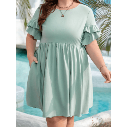 Charity Grass Green Ruffle Trim Short Sleeve PLUS SIZE Flared Mini Dress