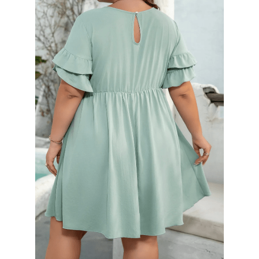 Charity Grass Green Ruffle Trim Short Sleeve PLUS SIZE Flared Mini Dress