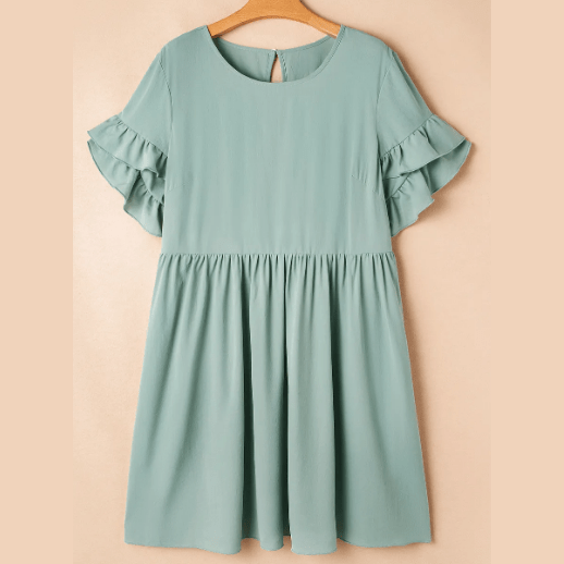 Charity Grass Green Ruffle Trim Short Sleeve PLUS SIZE Flared Mini Dress