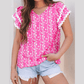 Zarie Pink Floral Print Ric-rac Tiered Ruffled V Neck Blouse