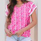 Zarie Pink Floral Print Ric-rac Tiered Ruffled V Neck Blouse