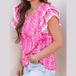 Zarie Pink Floral Print Ric-rac Tiered Ruffled V Neck Blouse