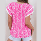 Zarie Pink Floral Print Ric-rac Tiered Ruffled V Neck Blouse