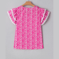 Zarie Pink Floral Print Ric-rac Tiered Ruffled V Neck Blouse