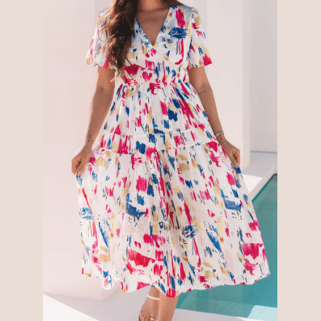 Courtnie White Abstract Print Short Puff Sleeve Tiered Maxi Dress