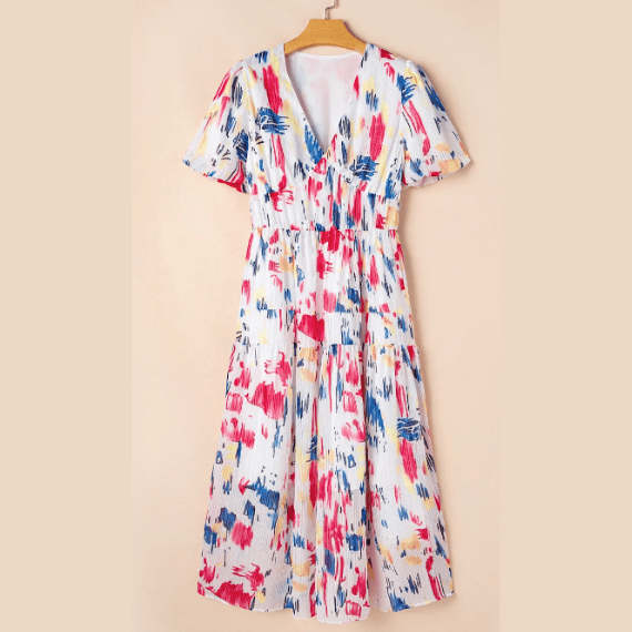 Courtnie White Abstract Print Short Puff Sleeve Tiered Maxi Dress