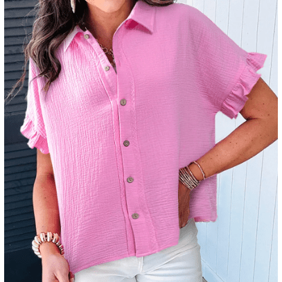 RTS Alicia Bonbon Pink Mineral Wash Textured Ruffle Trim Short Sleeve Shirt