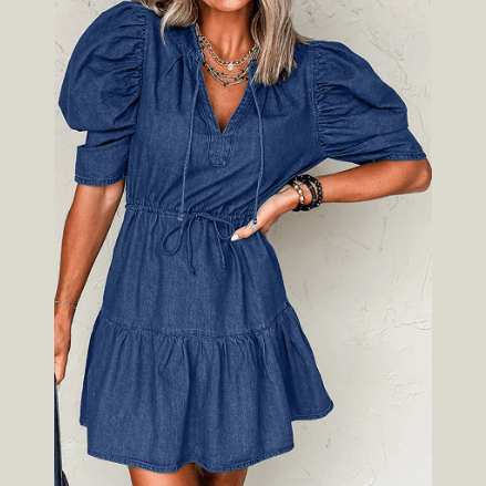 Patti Blue Drawstring High Waist Puff Sleeve Denim Mini Dress