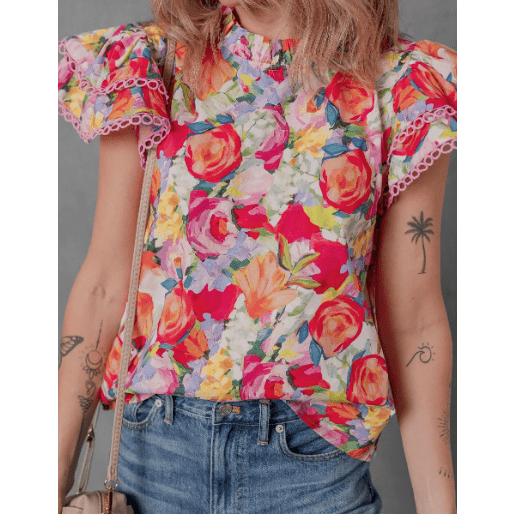 Zuri Multicolour Lace Trim Ruffle Short Sleeve Floral Blouse