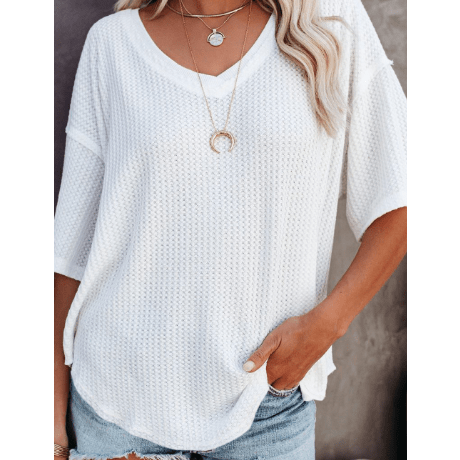 Sherry White Exposed Seam Half Sleeve Knitted V Neck Textured Top