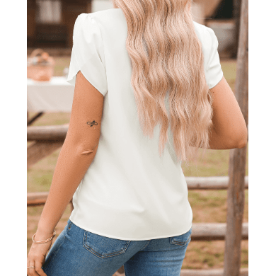 Leona White Silky Notched Neckline Petal Sleeve Blouse