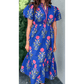 Bethan Blue Floral Puff Short Sleeve V Neck High Waist Maxi Dress