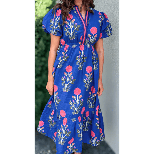Bethan Blue Floral Puff Short Sleeve V Neck High Waist Maxi Dress