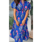 Bethan Blue Floral Puff Short Sleeve V Neck High Waist Maxi Dress