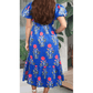 Bethan Blue Floral Puff Short Sleeve V Neck High Waist Maxi Dress