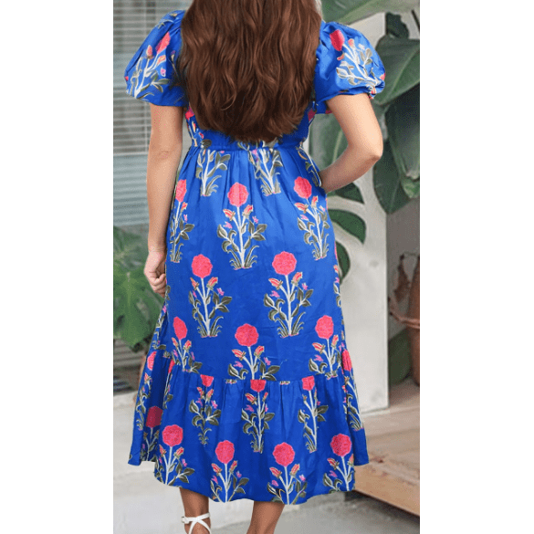 Bethan Blue Floral Puff Short Sleeve V Neck High Waist Maxi Dress