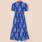 Bethan Blue Floral Puff Short Sleeve V Neck High Waist Maxi Dress