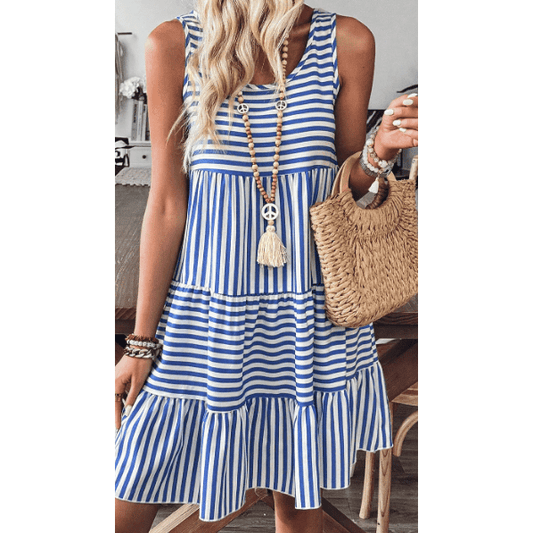 Jezzie Sky Blue Stripe U Neck Sleeveless Loose Fit Mini Dress