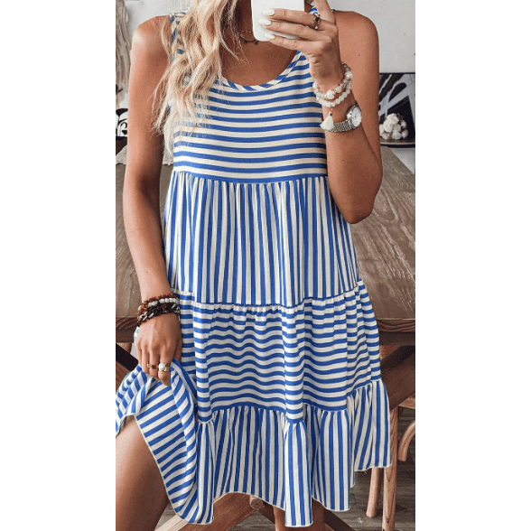 Jezzie Sky Blue Stripe U Neck Sleeveless Loose Fit Mini Dress
