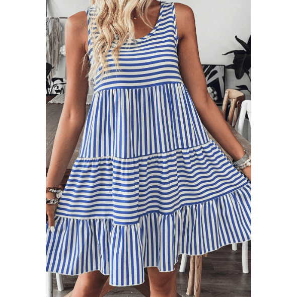 Jezzie Sky Blue Stripe U Neck Sleeveless Loose Fit Mini Dress