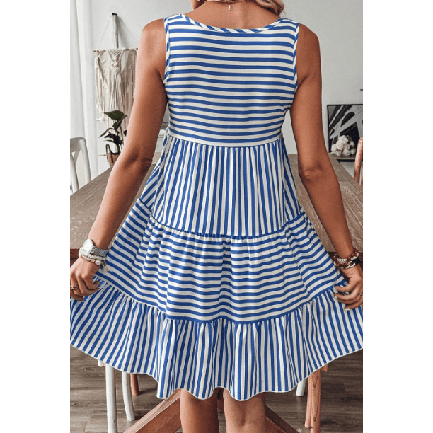 Jezzie Sky Blue Stripe U Neck Sleeveless Loose Fit Mini Dress
