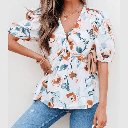Floraine Floral Print Puff Sleeve V Neck Babydoll Blouse
