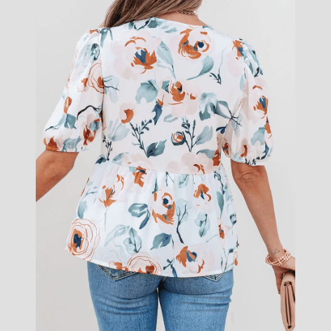 Floraine Floral Print Puff Sleeve V Neck Babydoll Blouse
