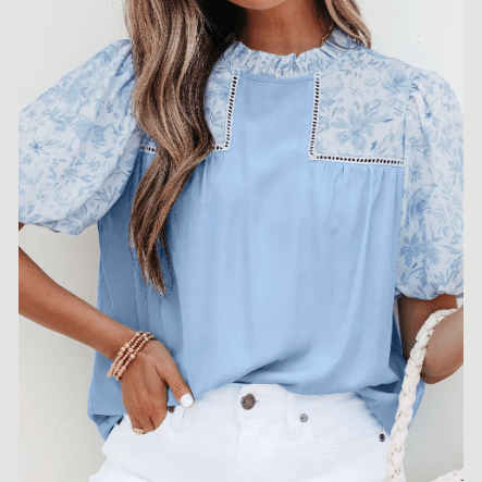 Alaine Beau Blue Lace Insert Floral Puff Sleeve Patchwork Loose Blouse